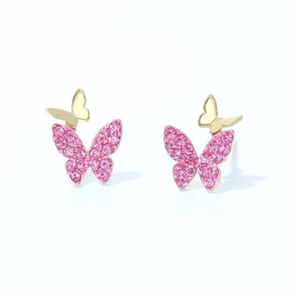Beautiful 18k Gold 925 Silver Pink CZ Butterfly Studs - Picture 1 of 2
